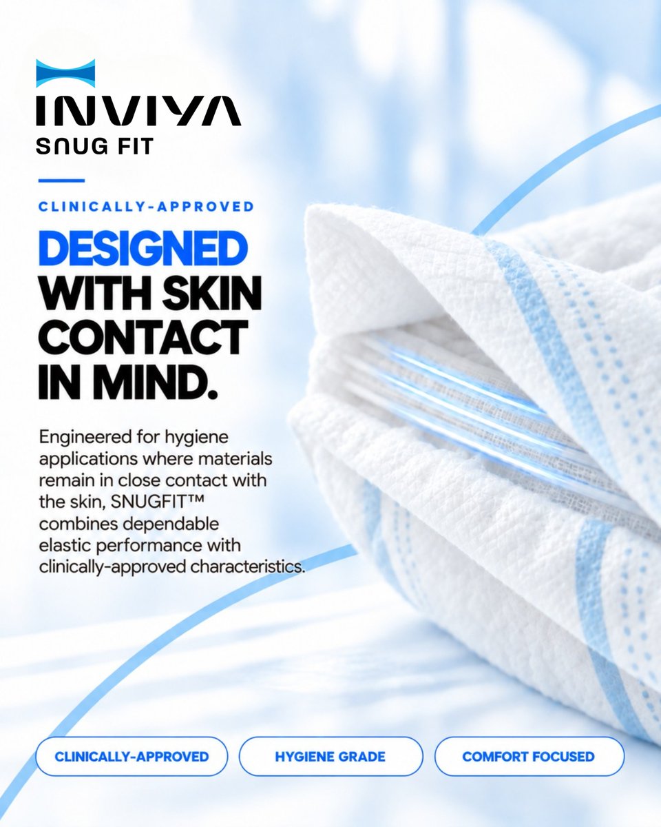 inviyaindorama's tweet photo. Reliable stretch. Everyday care.
Introducing SNUGFIT™ by INVIYA®: hygiene-grade spandex for controlled stretch, reliable recovery and smooth processing.
Built for baby, adult & pet diapers and medical use. 310–1840 DTEX in Raw White & Blue.
#INVIYA #SNUGFIT #HygieneInnovation https://t.co/R7HNHpCiXH