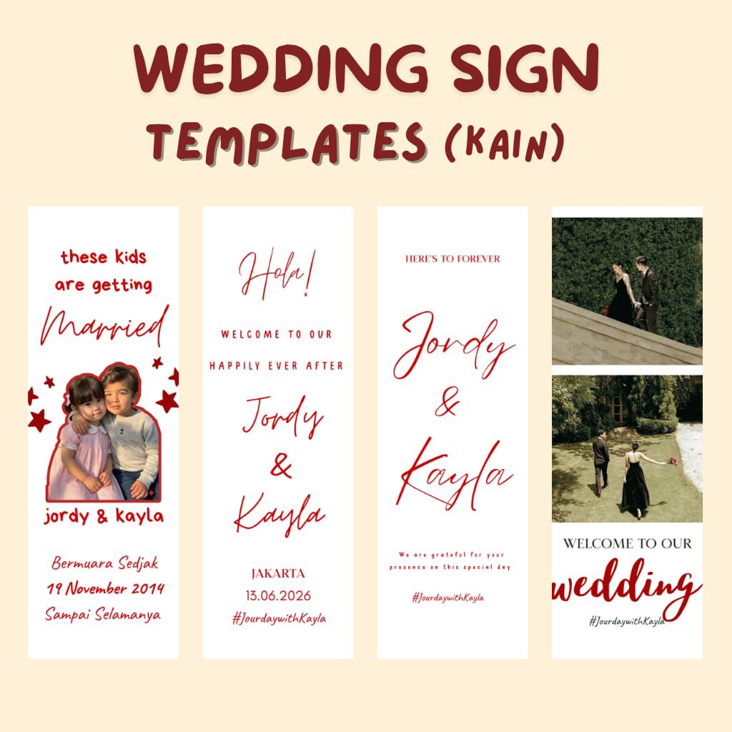 kindpickss's tweet photo. Pertemukan aku dengan calon pengantin 💍
Yang mau dekor wedding simple tapi tetap estetik 
25 template wedding sign untuk kain—edit &amp; print, langsung jadi! ✨
https://t.co/rt53EMBF32 https://t.co/cImcHcC6Me