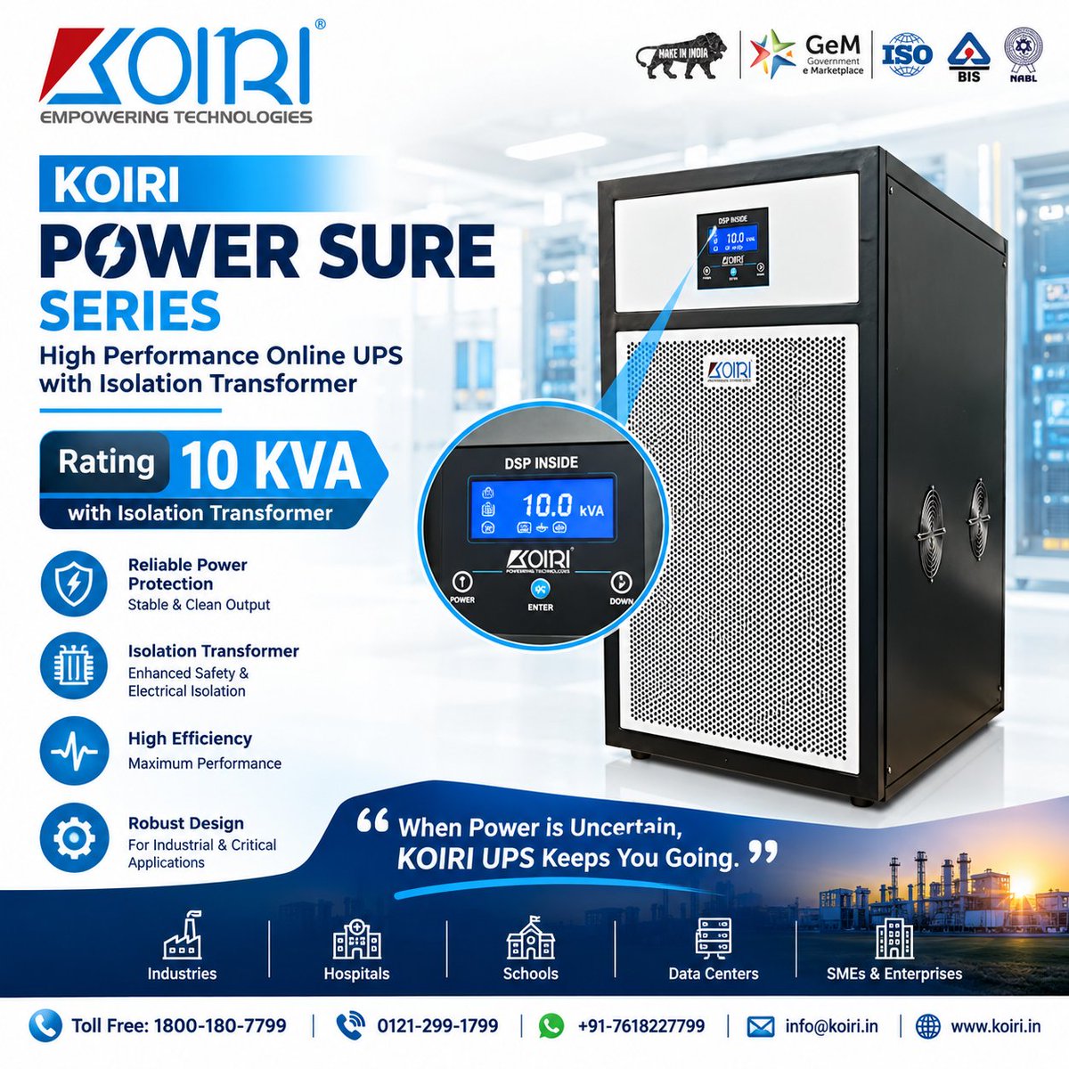 Koiri_pvt's tweet photo. β‘ Reliable Power. Stronger Performance.
KOIRI Power Sure Series β 10 kVA Online UPS with Isolation Transformer delivers reliable power protection for critical applications.
π² +91-7618227799
π https://t.co/I75Tu7nzb7
#KOIRI #OnlineUPS #10kVAUPS #Industrial #PowerProtection https://t.co/WZ8OuhEGqU