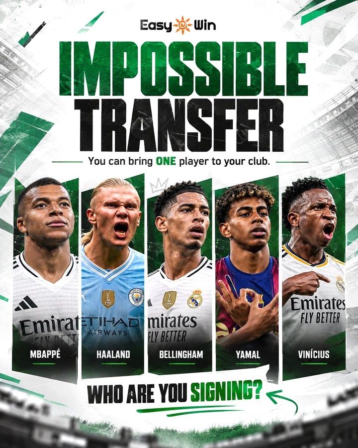 Easywin227835's tweet photo. IMPOSSIBLE TRANSFER.

You can bring ONE player to your club:

Mbappé
Haaland
Bellingham
Yamal
Vinícius
Who are you signing? 
Pick one and tell us why. No easy choices here.

#Football #FootballDebate #Mbappe #Haaland #Bellingham #Yamal #Vinicius #Easywin https://t.co/rpUUpe7Yhy