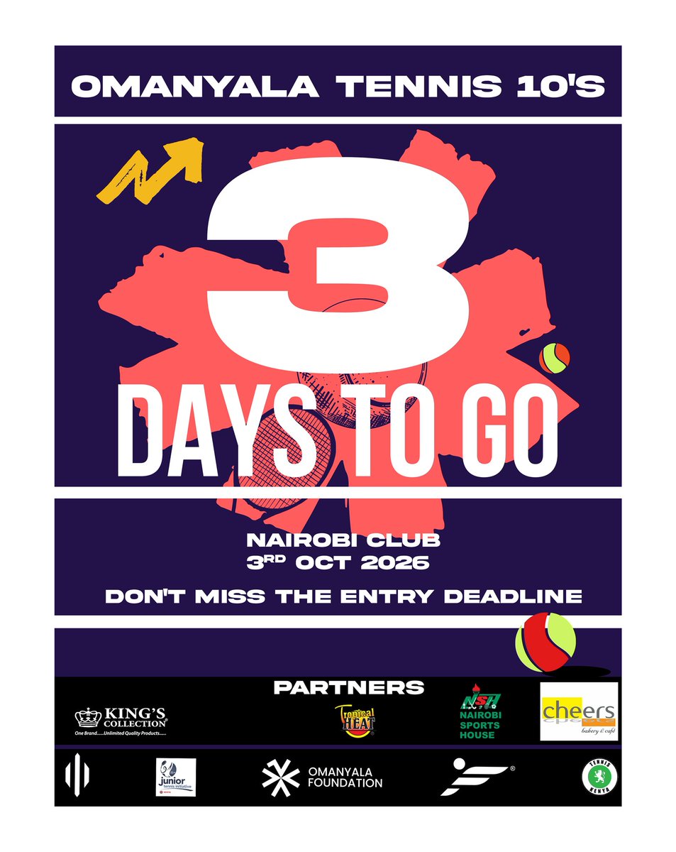 _omanyalaF's tweet photo. 🚨 REGISTRATION DEADLINE IS TODAY! 🎾

3 days to go until the Omanyala Tennis 10s 2026 at Nairobi Club! 🇰🇪

Don’t miss out. Register now: SportyHQ⁠

📞 +254 712 695 471
@Ferdiomanyala 
@tennis_kenya 

#OmanyalaTennis10s #TennisKenya https://t.co/6HCLkFp1Tu