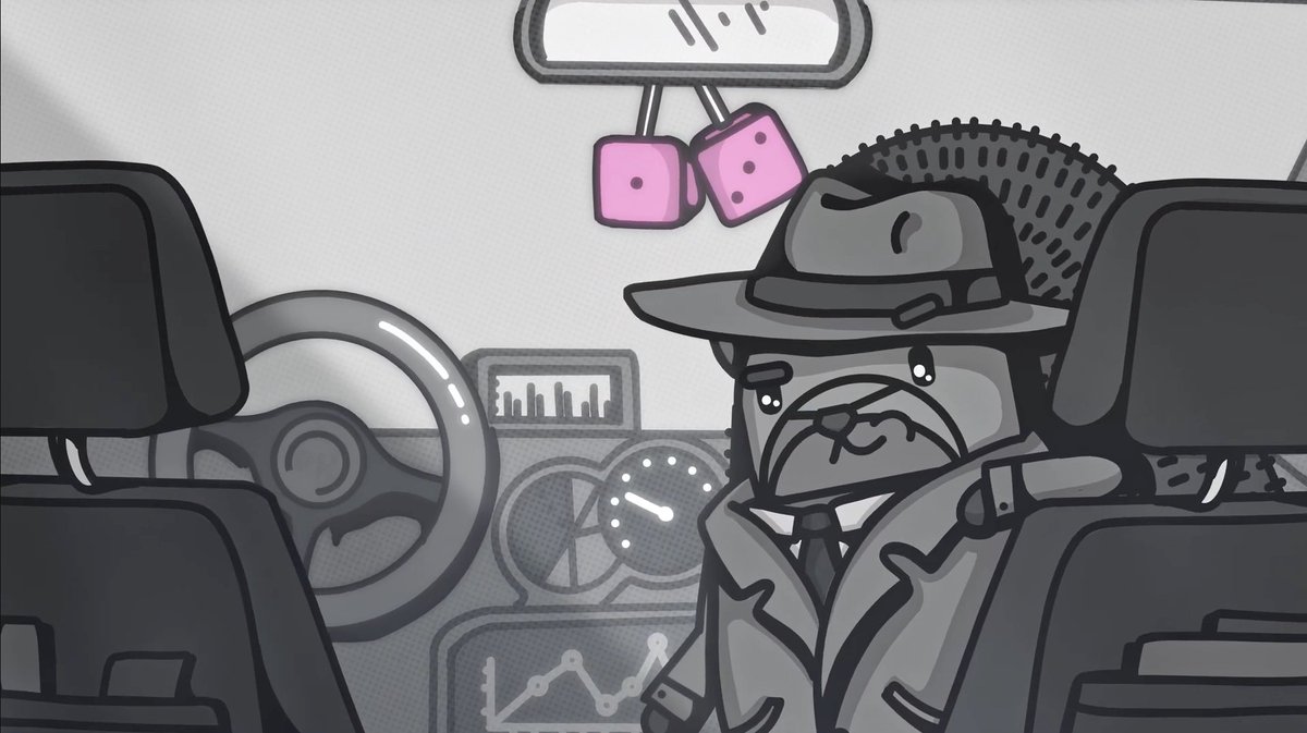 A cartoon illustration depicts a sad bear character wearing a detective hat and trench coat sitting inside a car, with pink fuzzy dice hanging from the rearview mirror.