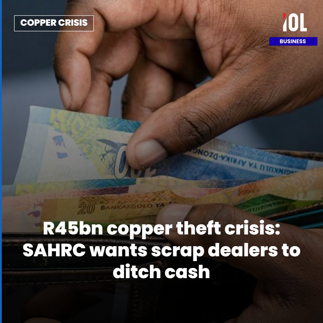 IOL's tweet photo. The South African Human Rights Commission (SAHRC) wants cash payments for copper scrap banned as part of a tougher response to cable theft and the destruction of public infrastructure.
Read on https://t.co/0qsiTmMjBK
#business #CopperCrisis #CashBan #ScrapDealers #SAHRC https://t.co/54TMq8sh5v