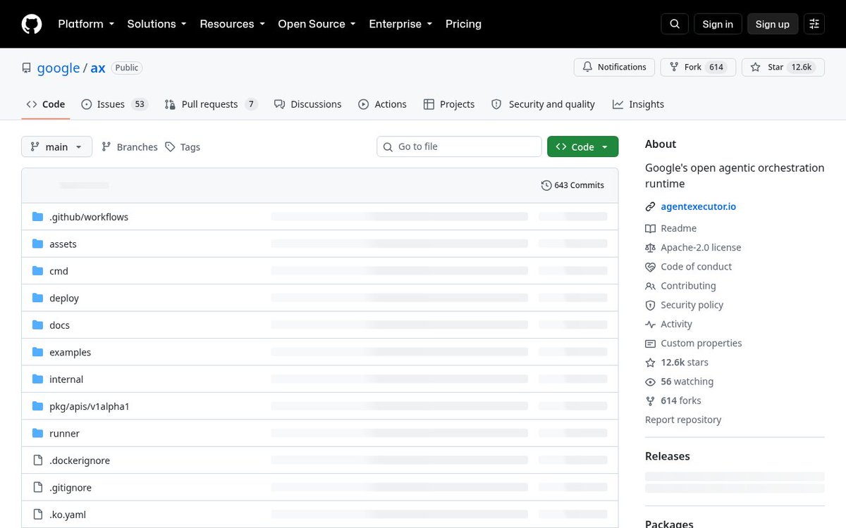PyongseP's tweet photo. google/ax: kubectl-shaped orchestrator for sandboxed agent tasks. Apache-2.0, Go. ~12,616★ as of 2026-09-30. Site: https://t.co/mBrp2K4u39

You declare Workspaces (git + MCP + skills) and Tasks (goals + model) as `https://t.co/E5bz6QwnAA` YAML, then:

`go install https://t.co/zTJPdFxxiH`
`ax apply -f task.yaml`
`ax watch task <name>`
`ax ssh <name> -- ls /workspace`

It sits on Agent Substrate for isolation, and supports suspend/resume. README warns: heavy development, expect breaking changes before a stable release. If you already think in Kubernetes objects for batch work, this is the same habit aimed at agent fleets.