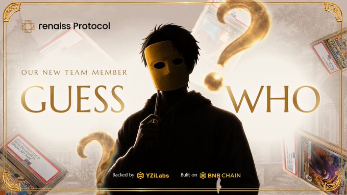 A 'renaiss Protocol' promotional graphic asking 'GUESS WHO' featuring a silhouetted figure wearing a yellow mask, backed by YZiLabs and built on BNB CHAIN.