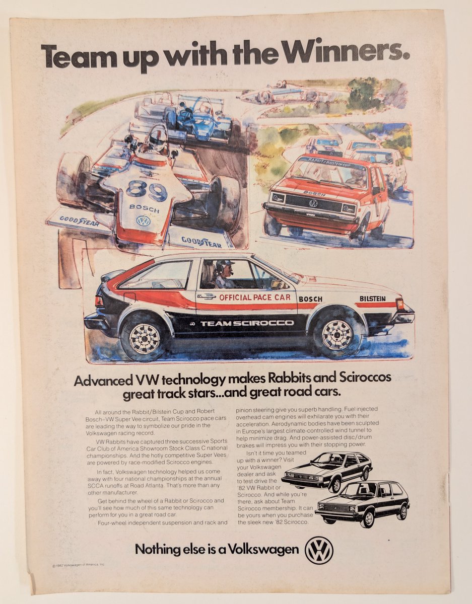 The_Record_Inst's tweet photo. Team up with the Winners. 🏁

1982 Volkswagen ad: the Rabbit and Scirocco sold on racing pedigree — Super Vee circuit, SCCA titles, Team Scirocco pace cars.

#VintageAds #Volkswagen #PrintAdvertising https://t.co/ZLp9vJUdbs