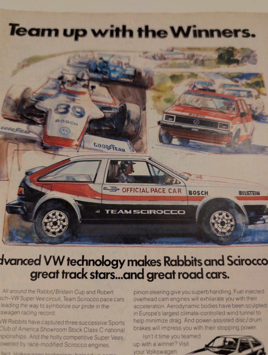The_Record_Inst's tweet photo. Team up with the Winners. 🏁

1982 Volkswagen ad: the Rabbit and Scirocco sold on racing pedigree — Super Vee circuit, SCCA titles, Team Scirocco pace cars.

#VintageAds #Volkswagen #PrintAdvertising https://t.co/ZLp9vJUdbs