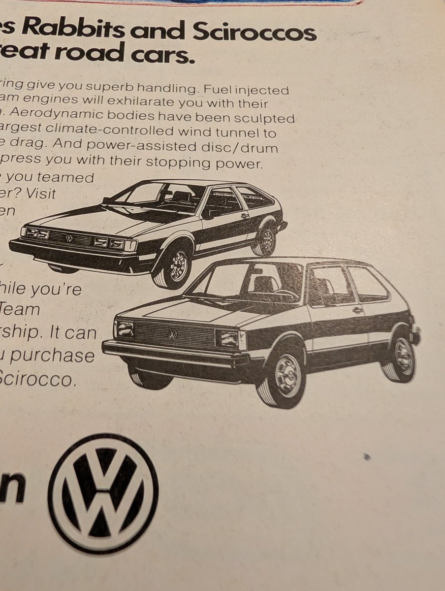 The_Record_Inst's tweet photo. Team up with the Winners. 🏁

1982 Volkswagen ad: the Rabbit and Scirocco sold on racing pedigree — Super Vee circuit, SCCA titles, Team Scirocco pace cars.

#VintageAds #Volkswagen #PrintAdvertising https://t.co/ZLp9vJUdbs