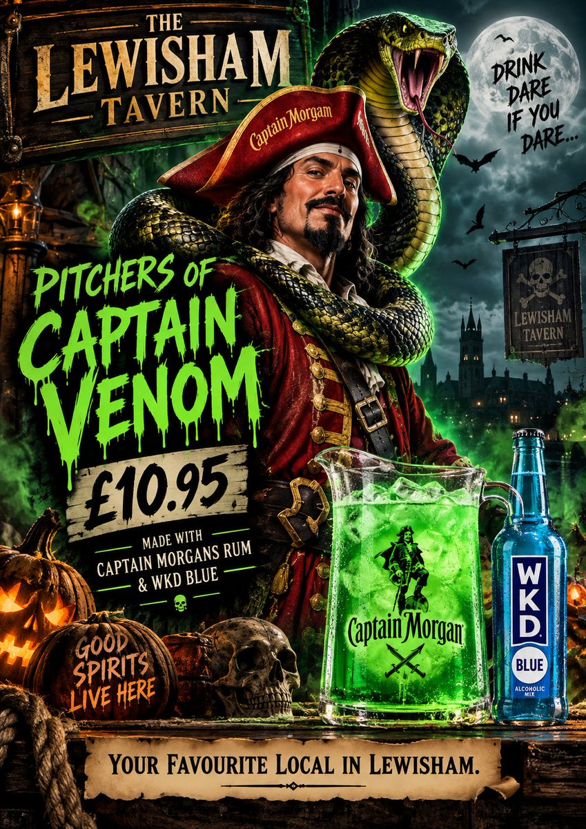 TavernLewisham's tweet photo. 🐍🎃 THE CAPTAIN’S BRINGING THE VENOM! ☠️

Halloween gets it's fangs into The Lewisham Tavern! 

Captain Venom pitchers mix Captain Morgan’s Rum &amp; WKD Blue for £10.95! 💚

Round up your spooky crew - good spirits live here! 👻🏴‍☠️

#Lewisham #Halloween https://t.co/jKYPzTpJTa