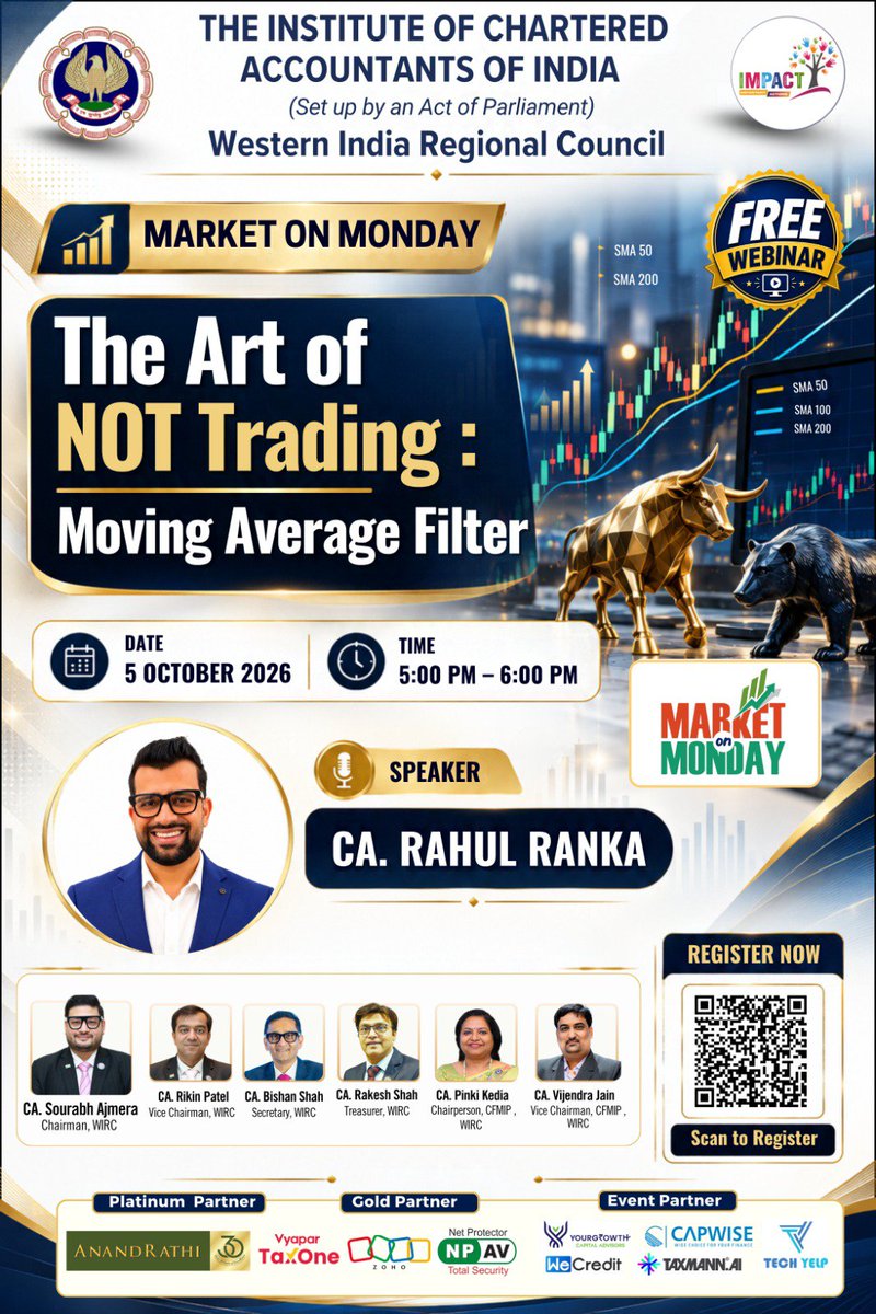 wirc_icai's tweet photo. 📈 MARKET ON MONDAY

📅 5 October 2026
⏰ 5:00 PM – 6:00 PM
💻 Virtual

🔗 Register Now: https://t.co/HLbk6iKxBv

[Market on Monday, Stock Market, Market Trends, Investment Insights, WIRC of ICAI, Chartered Accountants, ICAI, Virtual Session]

#MarketOnMonday #WIRCICAI https://t.co/5U51R5InLK