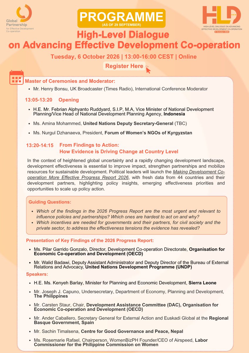 DevCooperation's tweet photo. Last chance to register! ⏳

Join global leaders &amp; experts online for the 2026 High-Level Dialogue on Oct 6 (13:00–16:00 CEST) 🌍

👉 Check out the latest programme and secure your spot today to shape #EffectiveCooperation

📝 Register: https://t.co/ie8CWo2DVL

#GPEDC #2026HLD https://t.co/3Y8T5h6cRn