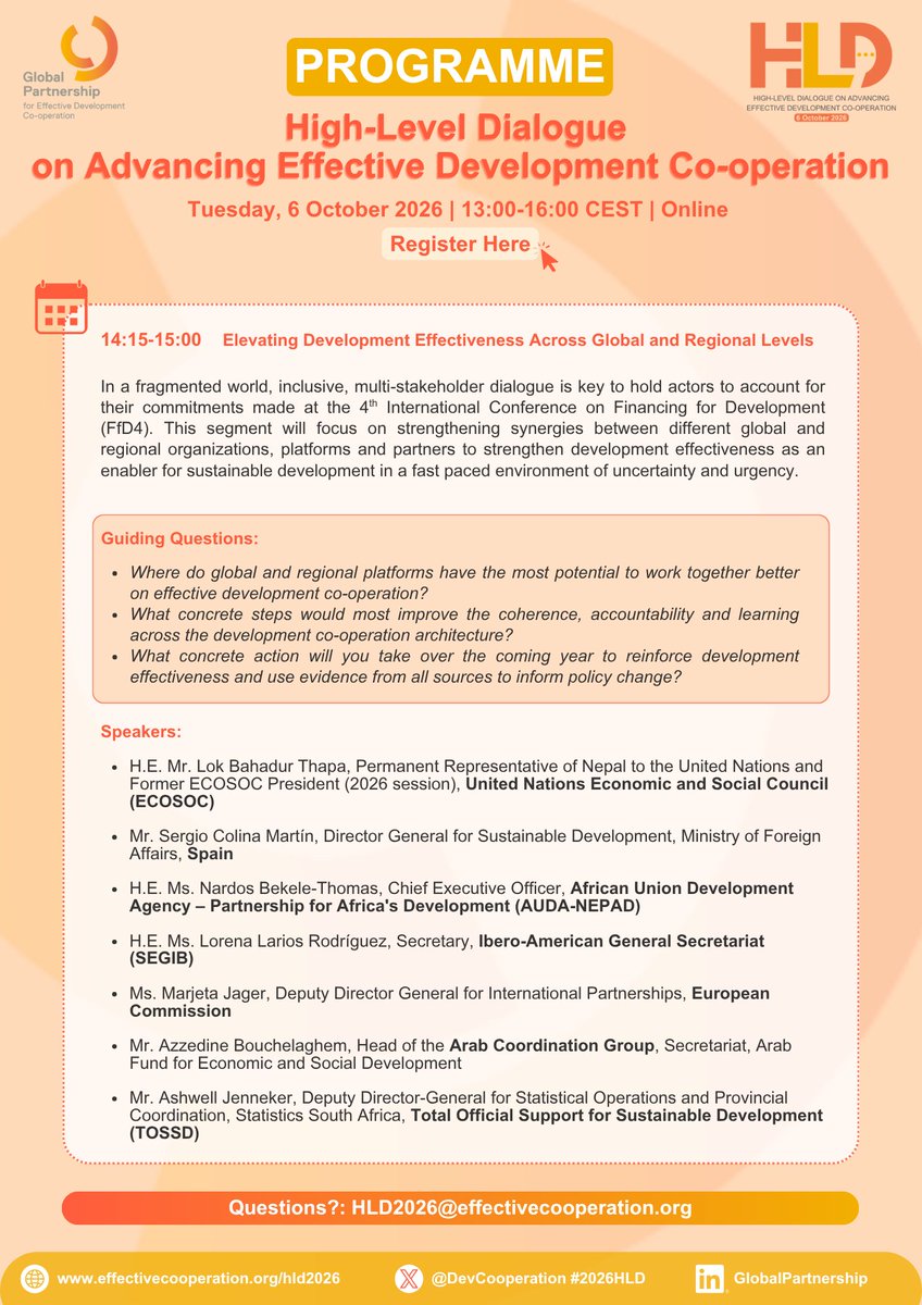DevCooperation's tweet photo. Last chance to register! ⏳

Join global leaders &amp; experts online for the 2026 High-Level Dialogue on Oct 6 (13:00–16:00 CEST) 🌍

👉 Check out the latest programme and secure your spot today to shape #EffectiveCooperation

📝 Register: https://t.co/ie8CWo2DVL

#GPEDC #2026HLD https://t.co/3Y8T5h6cRn