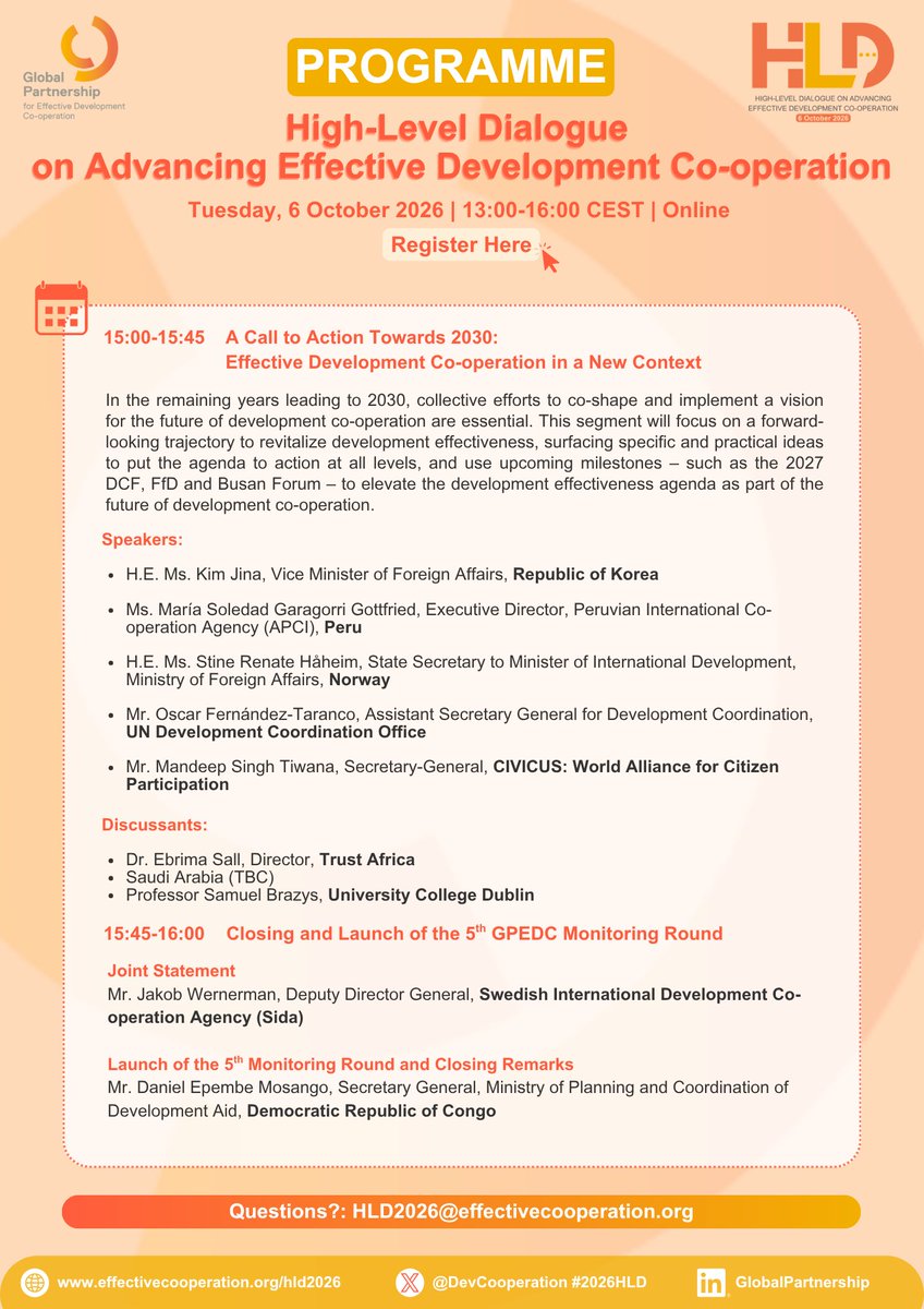 DevCooperation's tweet photo. Last chance to register! ⏳

Join global leaders &amp; experts online for the 2026 High-Level Dialogue on Oct 6 (13:00–16:00 CEST) 🌍

👉 Check out the latest programme and secure your spot today to shape #EffectiveCooperation

📝 Register: https://t.co/ie8CWo2DVL

#GPEDC #2026HLD https://t.co/3Y8T5h6cRn