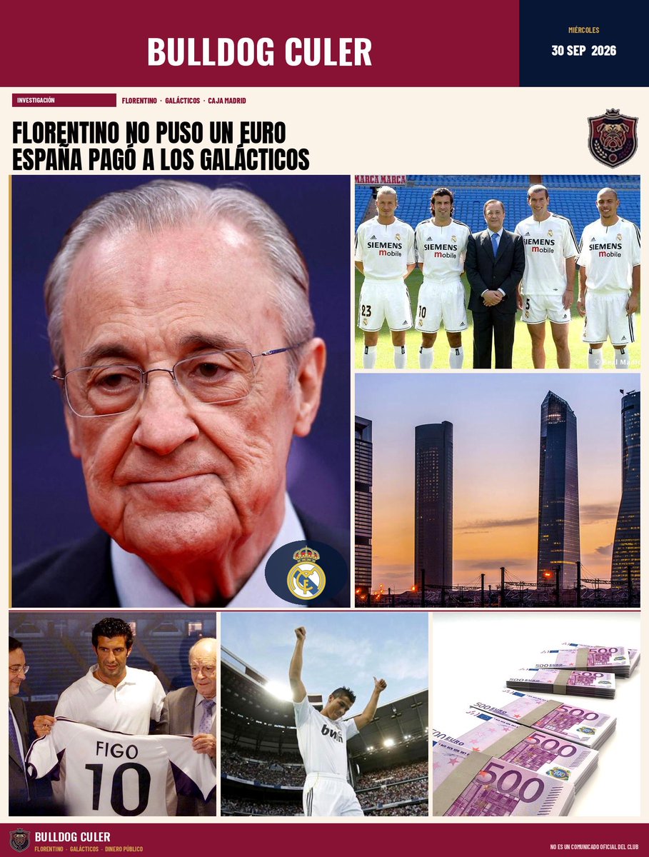 Joshuaakimmich6's tweet photo. 🚨 **COMO FICHÓ FLORENTINO PÉREZ A LOS GALÁCTICOS ,Y RESCATÓ EL MADRID SIN PONER UN EURO DE SU BOLSILLO ( COMO TANTO PRESUME ) **

El mito de la “gestión impecable” se cae en cuanto sigues el rastro del dinero, la política y los juzgados.

#FlorentinoPérez no ha puesto jamás un solo euro de su bolsillo para fichar estrellas. En el año 2000, con un #RealMadrid completamente arruinado y asfixiado por las deudas, el fichaje de Luis  #Figo se orquestó a través de un entramado de préstamos e ingeniería financiera apoyados por las cajas de ahorro. Poco después llegó el pelotazo de la recalificación de la antigua Ciudad Deportiva con el beneplácito del poder político: cientos de millones de euros públicos e inmobiliarios para salvar a la entidad y cubrir el agujero.

Años más tarde, para rematar la era galáctica con #CristianoRonaldo, el grifo volvió a abrirse de par en par. #CajaMadrid, la caja pública gestionada a capricho por el @ppopular y teledirigida por #Blesa, le concedió un crédito exprés e híper-flexible de más de 76 millones de euros. Mientras a los ciudadanos de a pie se les denegaban hipotecas o se les estafaba con las participaciones preferentes, para Florentino el dinero público fluyera sin preguntas. Una #CajaMadrid que, tras saquearse por dentro con las Tarjetas Black y la corrupción sistemática, acabó quebrando y siendo rescatada con más de 22.000 millones de euros del bolsillo de todos los españoles.

Pero la relación con la trama política no se detiene en los créditos bancarios. La sombra de #FlorentinoPérez y sus tentáculos empresariales han bordeado los mayores escándalos de corrupción de la historia reciente de #España:

▪️ En el Caso #Púnica, tuvo que declarar ante la Audiencia Nacional por los contratos del club con la red de reputación online e influencias de la trama.

▪️ En los Papeles de #Bárcenas y la contabilidad B del #PP, la sombra de las donaciones de las grandes constructoras a cambio de obra pública salpicó directamente a la cúpula del sector que él encabeza, esquivando las condenas mientras los tesoreros y ministros del partido terminaban entre rejas.

¿Y cómo acaba este relato de impunidad?

Miguel #Blesa, acorralado por la justicia, condenado por las #TarjetasBlack y a punto de tirar de la manta sobre los trapos sucios de la élite política y financiera, apareció muerto en 2017 en una finca de caza por un disparo en el pecho. ¿Suicidio o un conveniente “accidente” para que los secretos de las cajas y sus benefactores quedaran enterrados para siempre?

Cajas de ahorros saqueadas, políticos entre rejas, un ejecutivo bancario muerto en extrañas circunstancias y miles de millones de dinero público evaporados.

Sin embargo, en la cima de la pirámide, intocable desde su palco presidencial y moviendo los hilos del Estado, #FlorentinoPérez nunca pierde.

#Madrid  #RealMadrid #Almeida #España #Gobierno #PP #Barça #FCBarcelona