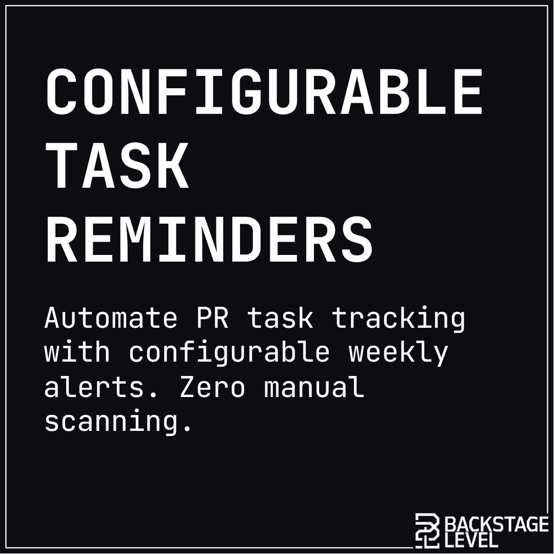 BackstageLevel's tweet photo. We added configurable weekly reminders to automatically track tasks for your active marketing milestone. No more manually scanning spreadsheets to see who owes you a reply or a review. 1/2  https://t.co/IZFa4VQVBL #GameDev #IndieGamePR https://t.co/fE43nDDgES