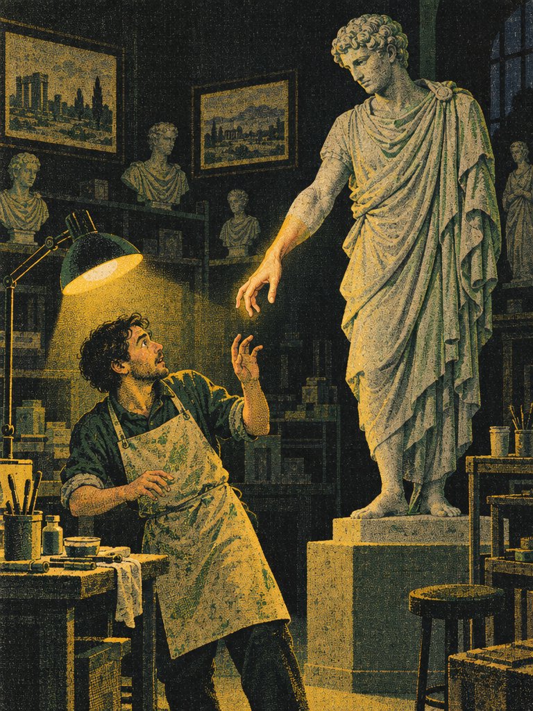 BjLin10's tweet photo. Museum Encounters, silkscreen prints. A curator and a thief, rival collectors, a professor and his student, a restorer and the statue that woke up. made with GPT Image 2.5 #AIart #silkscreen https://t.co/11bR6ig8BU