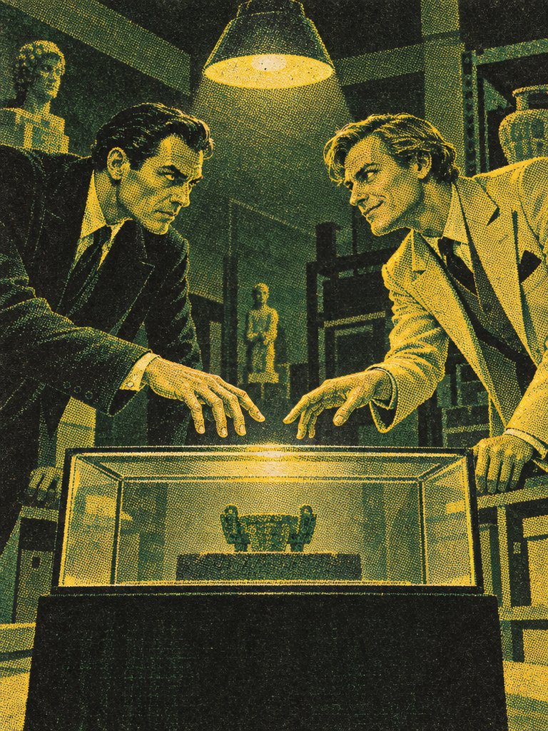 BjLin10's tweet photo. Museum Encounters, silkscreen prints. A curator and a thief, rival collectors, a professor and his student, a restorer and the statue that woke up. made with GPT Image 2.5 #AIart #silkscreen https://t.co/11bR6ig8BU