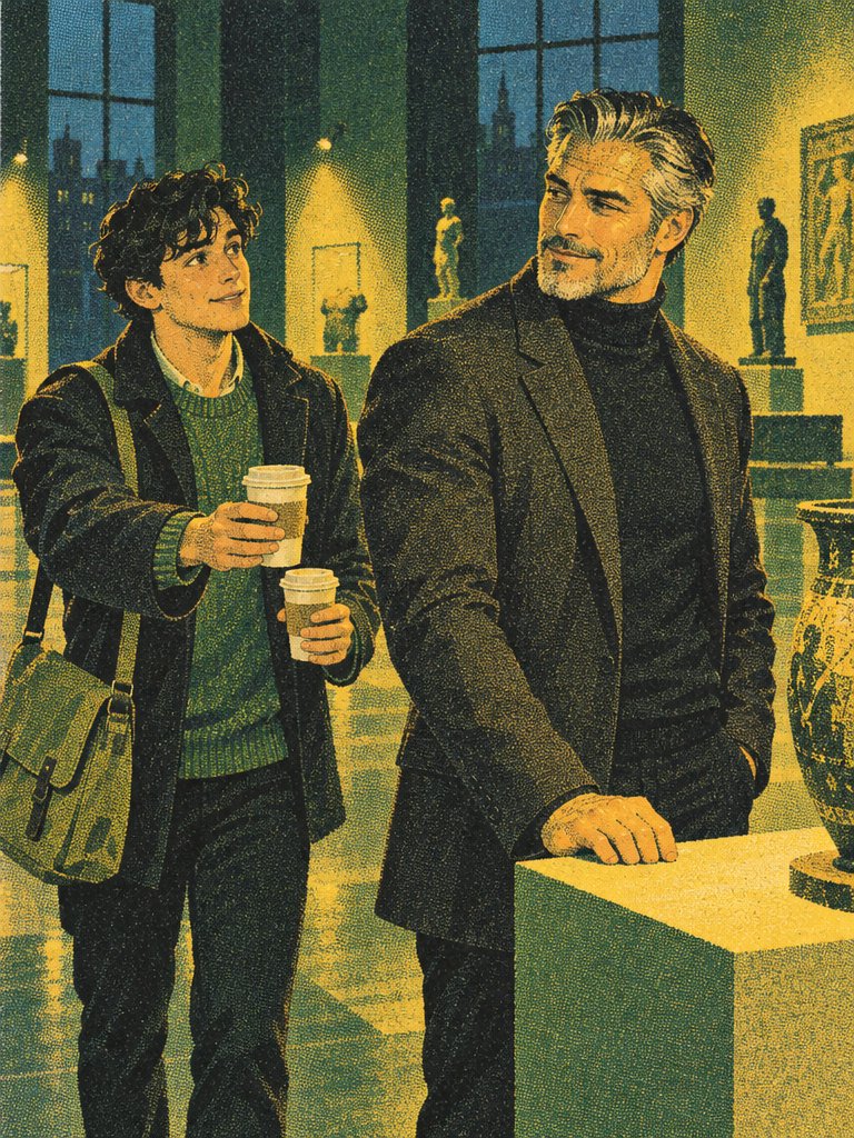 BjLin10's tweet photo. Museum Encounters, silkscreen prints. A curator and a thief, rival collectors, a professor and his student, a restorer and the statue that woke up. made with GPT Image 2.5 #AIart #silkscreen https://t.co/11bR6ig8BU