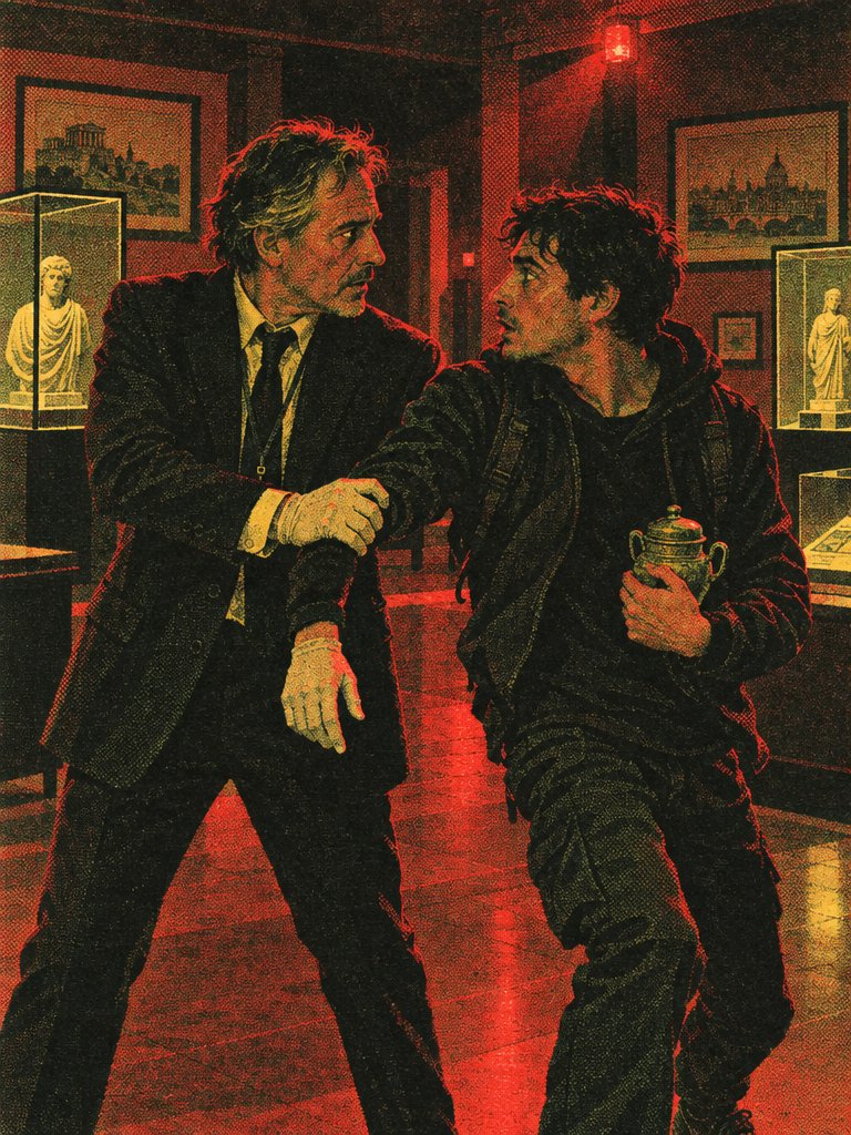 BjLin10's tweet photo. Museum Encounters, silkscreen prints. A curator and a thief, rival collectors, a professor and his student, a restorer and the statue that woke up. made with GPT Image 2.5 #AIart #silkscreen https://t.co/11bR6ig8BU