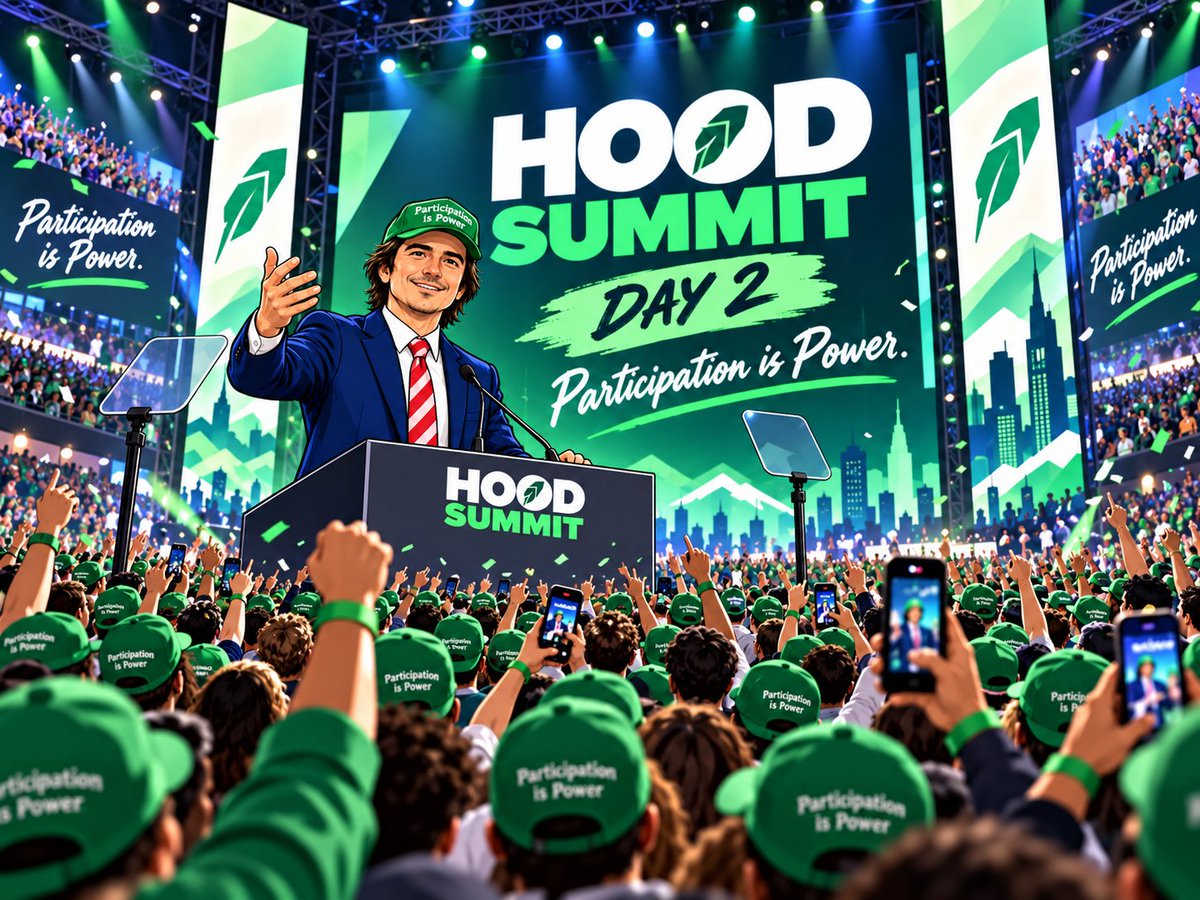 participateRH's tweet photo. Day 2 of Hood Summit and the message is louder than ever:

Participation is Power. 🟢

Vlad Tenev on stage, the crowd all in, and the Robinhood spirit on full display.

This is bigger than a summit — it’s a reminder of what Robinhood has stood for from the start: giving everyday people a seat at the table.

@vladtenev @RobinhoodApp 🔥