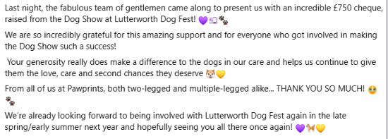 PDRescue's tweet photo. A HUGE THANK YOU TO #LUTTERWORTH ROUND TABLE!

Once again, our amazing friends at Lutterworth Round Table have gone above &amp; beyond for our rescue dogs. They invited us along to the fabulous Lutterworth Dog Fest where we were so proud to be part of such a brilliant event! https://t.co/RyzpCf4DCW