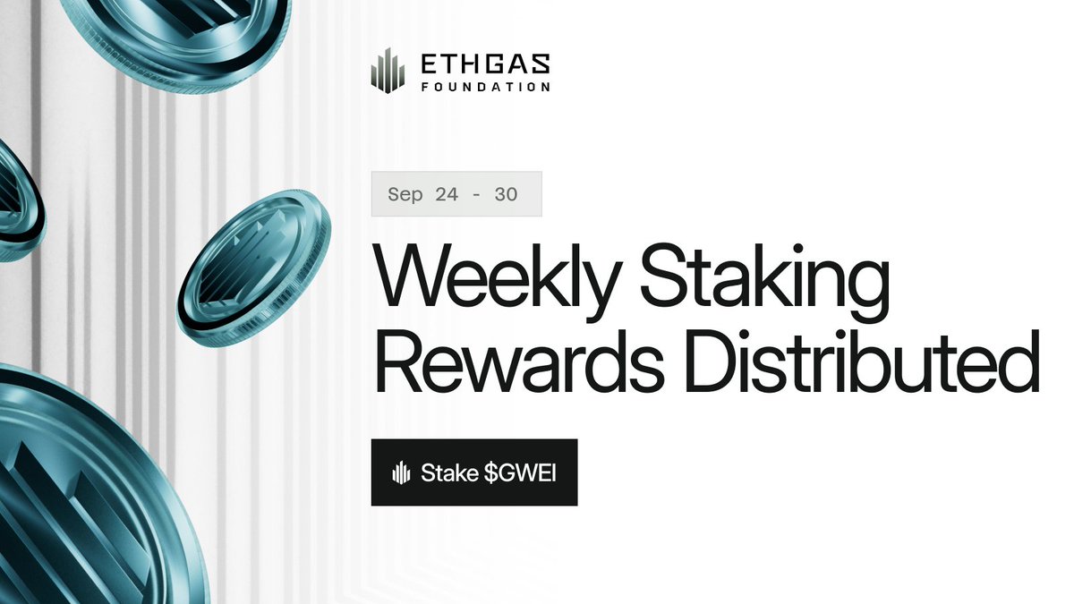 ETHGasFNDN's tweet photo. Staking Rewards Cycle 36 Distributed

Week of 24 - 30 Sep 2026
Protocol Staking APR: ~14.14%

Your governance power = your % share of weekly rewards

Increase your stake amount or extend your staking term to boost weekly rewards while earning gas rebates.

Stake here → https://t.co/rgTlyRoWtS