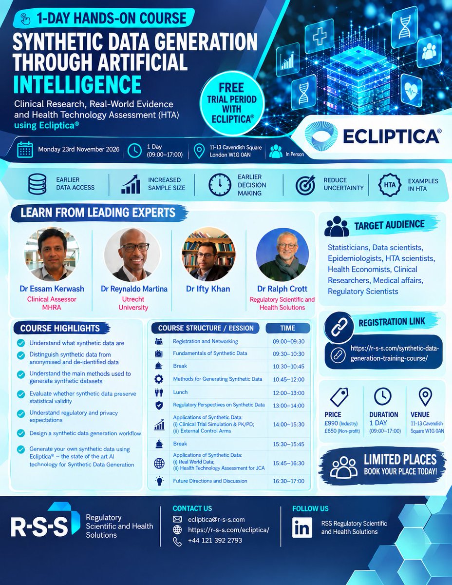 RSS_global's tweet photo. 🚀 Synthetic Data + AI = new possibilities for clinical research.

Join our 1-Day Hands-On Course exploring Synthetic Data Generation across Clinical Research, RWE, HTA, Clinical Trials &amp; more.

📅 23 Nov 2026 | 📍 London
🎟️ Limited places available https://t.co/hbxLp8T0Q7