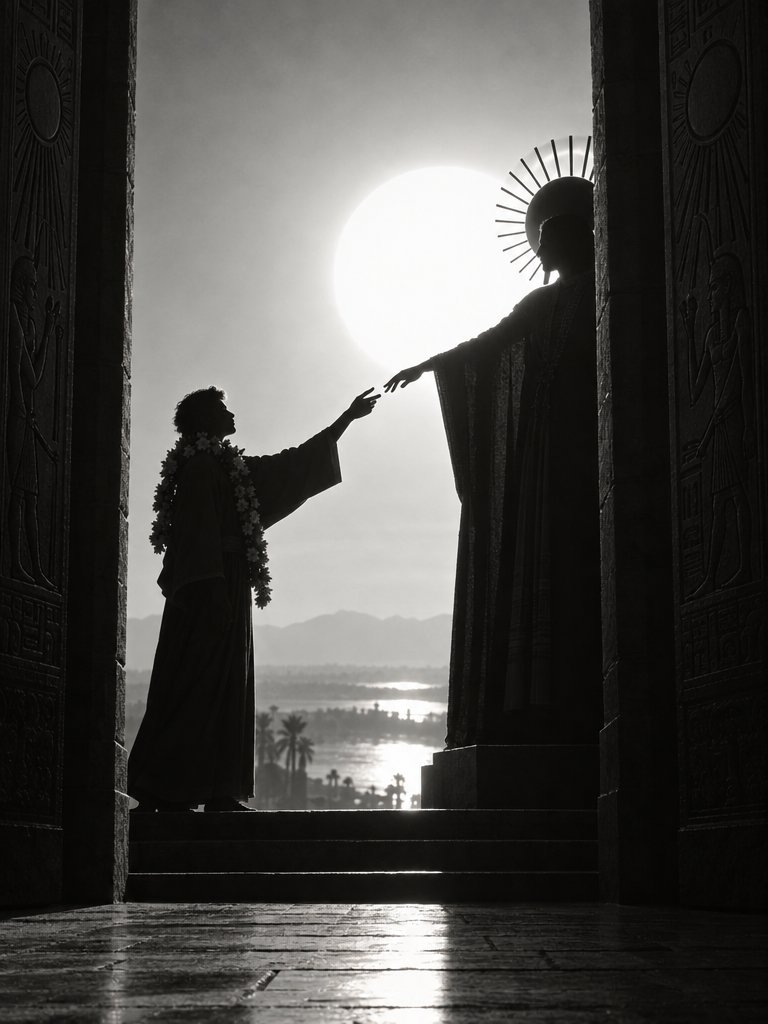 BjLin10's tweet photo. God and His Servant, black-and-white backlit silhouettes. An antlered god and his kneeling servant, a study in unequal gazes. made with GPT Image 2.5 #AIart #silhouette https://t.co/c48e4AklHo