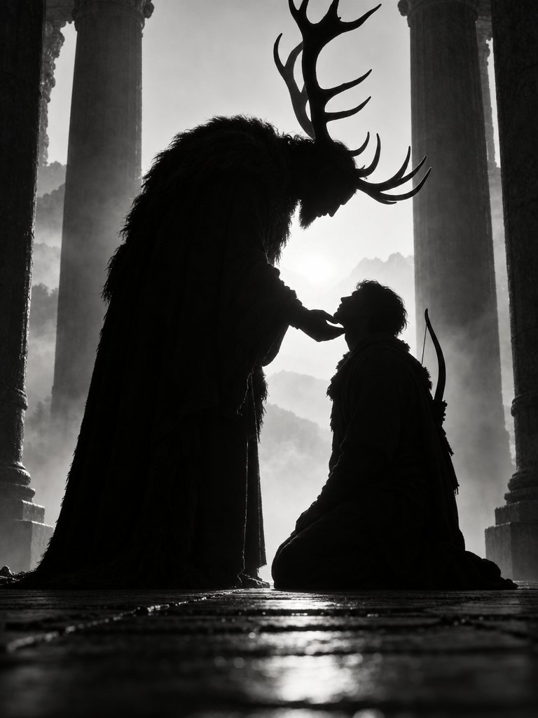 BjLin10's tweet photo. God and His Servant, black-and-white backlit silhouettes. An antlered god and his kneeling servant, a study in unequal gazes. made with GPT Image 2.5 #AIart #silhouette https://t.co/c48e4AklHo
