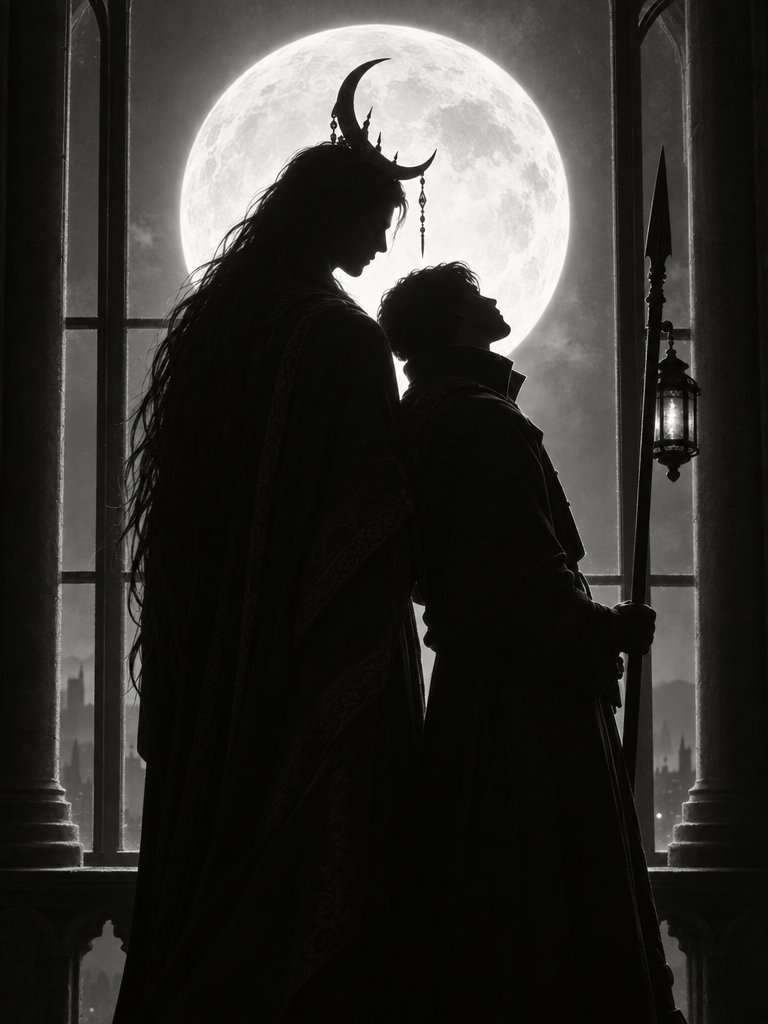 BjLin10's tweet photo. God and His Servant, black-and-white backlit silhouettes. An antlered god and his kneeling servant, a study in unequal gazes. made with GPT Image 2.5 #AIart #silhouette https://t.co/c48e4AklHo