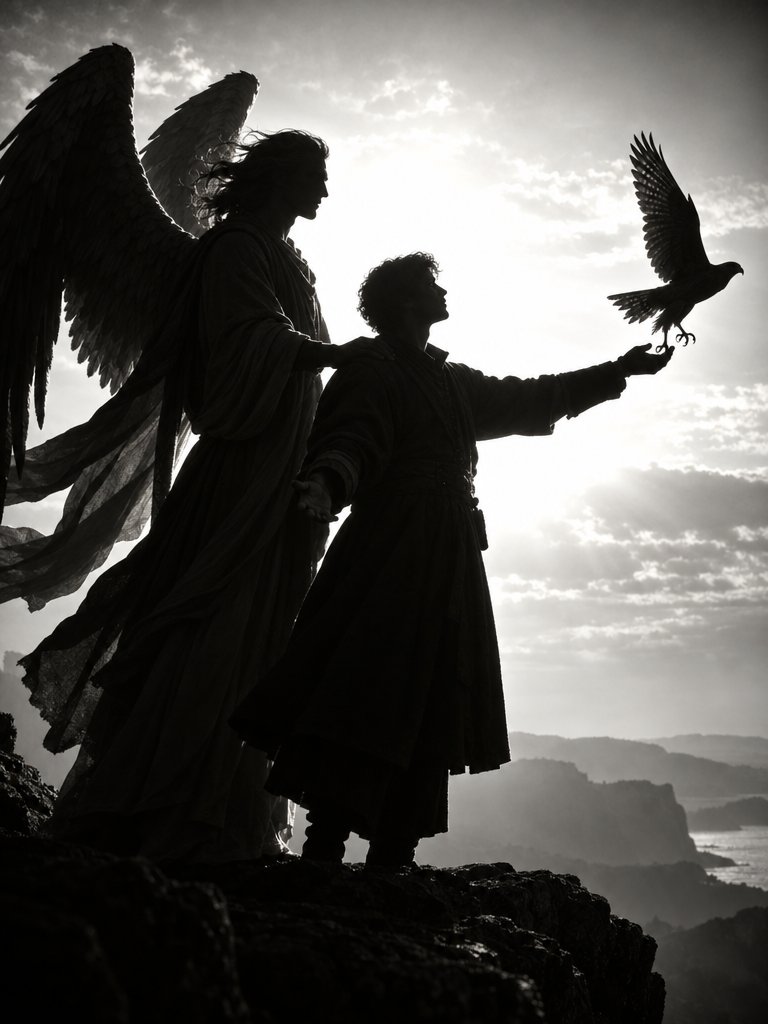 BjLin10's tweet photo. God and His Servant, black-and-white backlit silhouettes. An antlered god and his kneeling servant, a study in unequal gazes. made with GPT Image 2.5 #AIart #silhouette https://t.co/c48e4AklHo