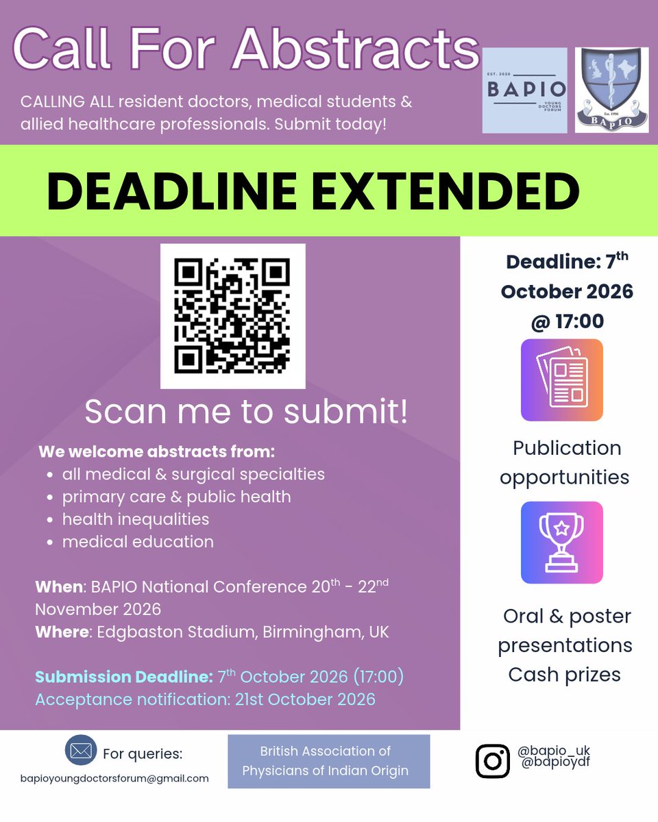 BAPIOUK's tweet photo. DEADLINE EXTENDED!

We are pleased to announce that the deadline has been extended for the Call for Abstracts.
 
Submission deadline: 7th October 2026 17:00 
Acceptance notification: 21st October 2026

Submit your abstract here: https://t.co/REpjQGpLqk

#BAPIOYDF #BAPIO https://t.co/VF56WIRiHp