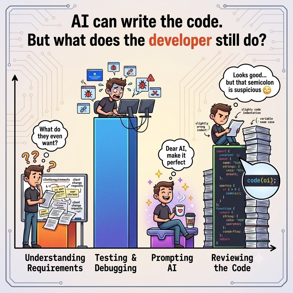 JavaScriptHubz's tweet photo. AI can write the code… but “Why isn’t this working?” is still the developer’s problem. 😂💻

AI + Developer = Dangerous Combo 🤖🔥 https://t.co/4jUCViYQww