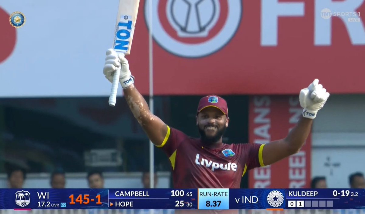 tryb_all's tweet photo. HUNDRED for John Campbell! 💯

The West Indies opener reaches three figures in the 2nd ODI in Guwahati, off just ~64 balls. He's hit 9 fours and 5 sixes so far.

Fearless from ball one. India's bowlers have had no answer.

WI 147/1 (18 ov)

#INDvWI #JohnCampbell #TeamIndia https://t.co/YRW2rOCYpf