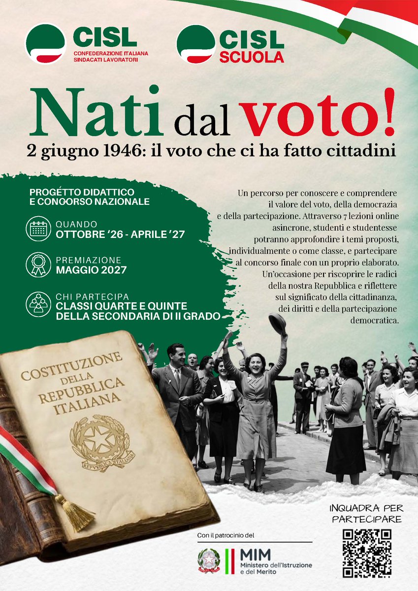 cislscuola's tweet photo. 🟩🇮🇹“Nati dal voto! 2 giugno 1946: il voto che ci ha fatto cittadini”. Un progetto didattico e un concorso nazionale promossi da @CislNazionale  e CISL Scuola. L'iniziativa, che ha il patrocinio del Ministero dell'istruzione e del merito @MIsocialTW , è rivolta alle classi IV e V della scuola secondaria di II grado, per affermare il valore della #partecipazione e promuovere un esercizio della cittadinanza democratico, libero, consapevole e responsabile. 👉https://t.co/2MyKUYr7Kf