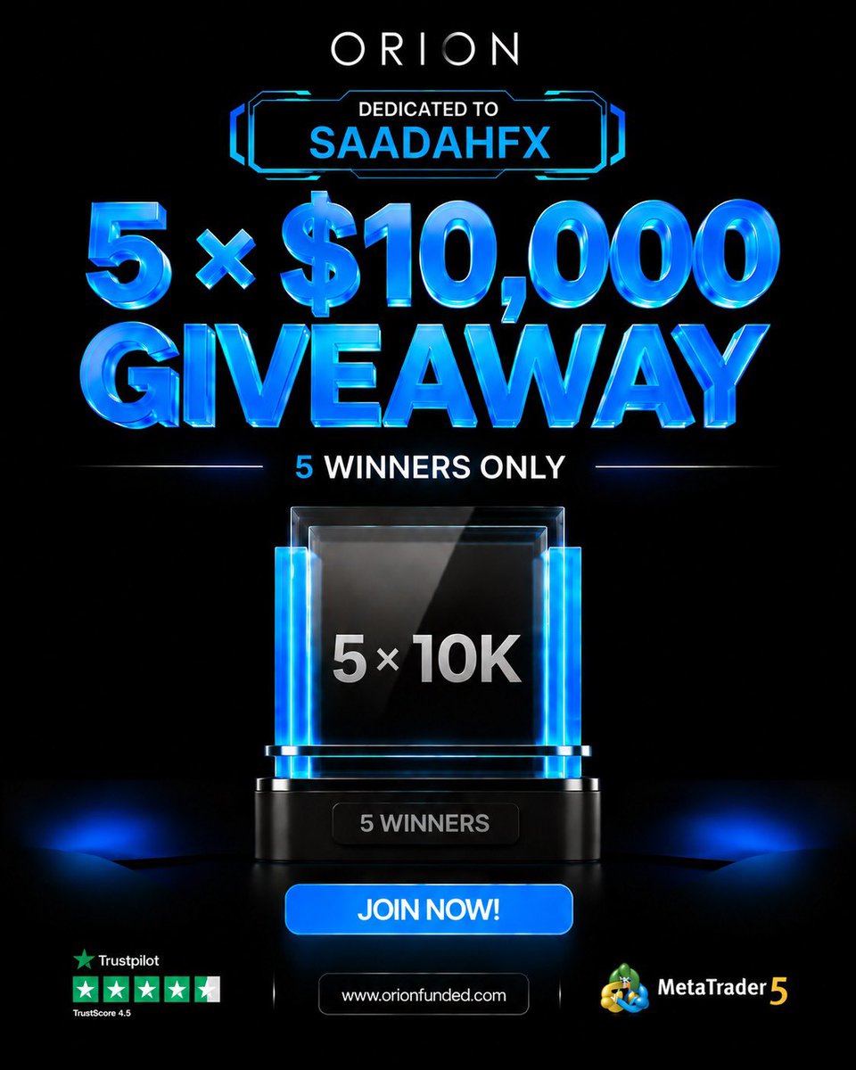 ISP_TRADER's tweet photo. 🚨 $50K GIVEAWAY 🚨

We’re giving away 5 × $10K Orion Funded accounts to the community 

How to enter:
✅ Follow @OrionAffiliates @Orionfundedcom
✅ Follow @ISP_TRADER @I_AM_KING012 
✅ Retweet and tag 3 friends 

5 winners. $50,000 in total funding

Good luck everyone https://t.co/BiYcPKoufG