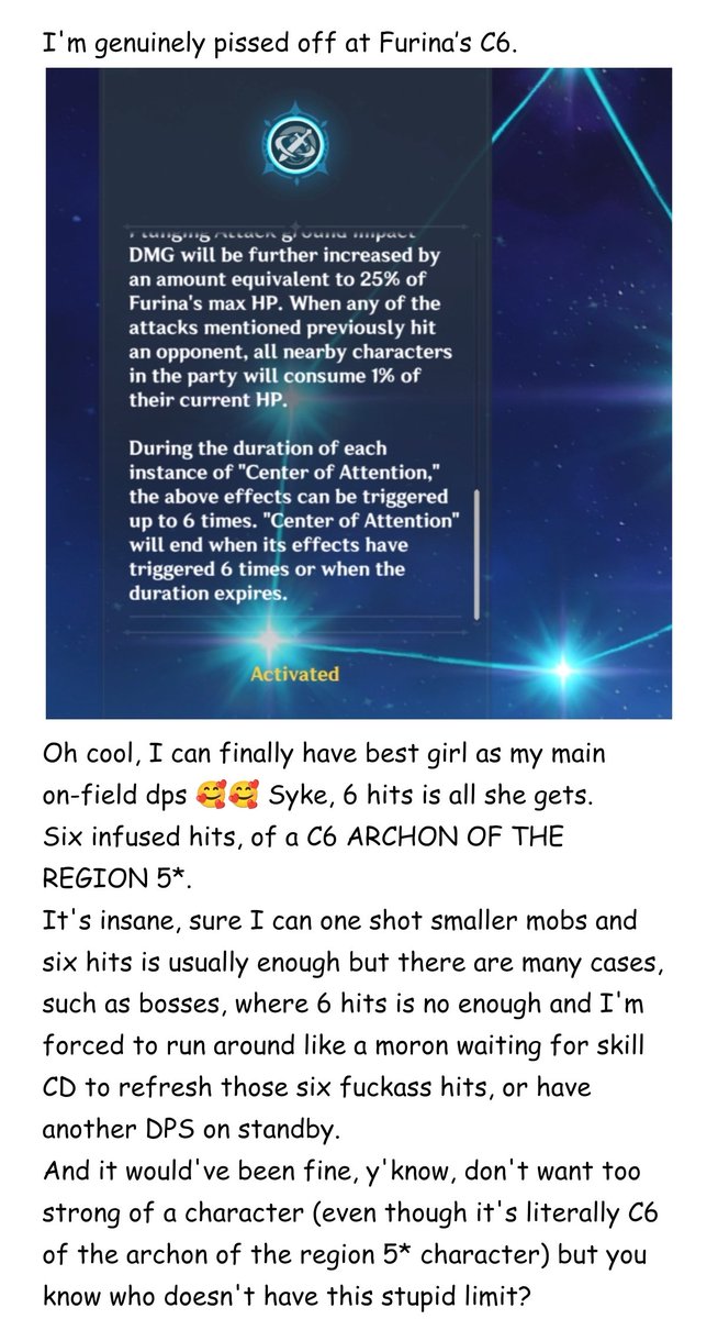 Saltiimin's tweet photo. Ranting about Furina's C6. I love her, she is the best girl but her final con is downright awful.
#GenshinImpactㅤ https://t.co/0EikCwT99m