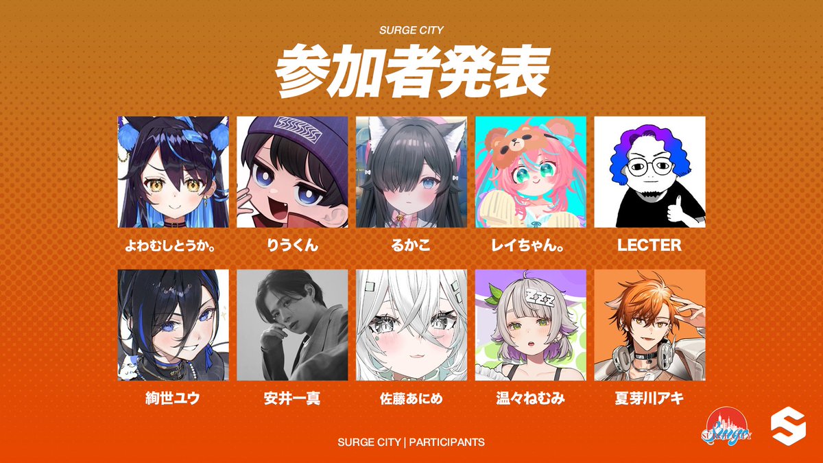 TeamSURGE_JP's tweet photo. よわむしとうか。 @touka2dayo 
りうくん @RiuKugel 
るかこ @_rucaco_ 
レイちゃん。 @333_reichaaan 
LECTER @Lecter3D 
絢世ユウ @ayaseyuuu 
安井一真 @xoxo_kid616 
佐藤あにめ @satouanime1130 
温々ねむみ @Nukunuku_Nemumi 
夏芽川アキ @Natsumegawa_Aki https://t.co/9kAskcl8mO