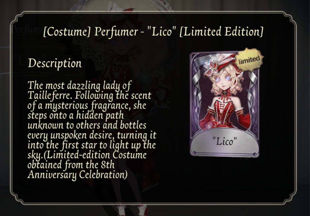 idvlogic's tweet photo. [ T&amp;I ]

Perfumer's A-tier costume "Lico" is now viewable in her collection menu! Shipping for the Global server will begin at the end of January. The costume and its matching S-tier accessory and the B-tier pet will then be available in the in-game shop for echoes on April 1st! https://t.co/fD4fGUHYjd