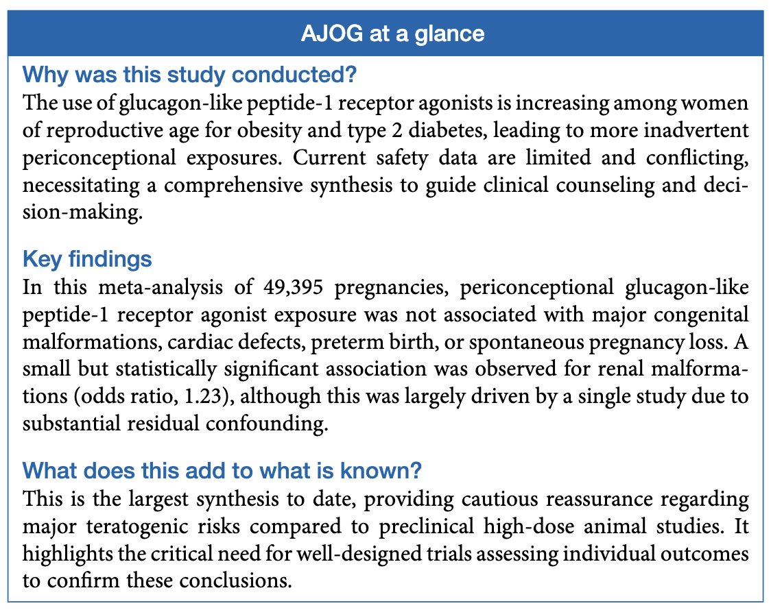 AJOG_thegray's tweet photo. Neonatal and obstetric outcomes following periconceptional exposure to glucagon-like peptide-1 receptor agonists: a systematic review and meta-analysis https://t.co/FLhf9sp2AX https://t.co/N8Kdmrjqkg