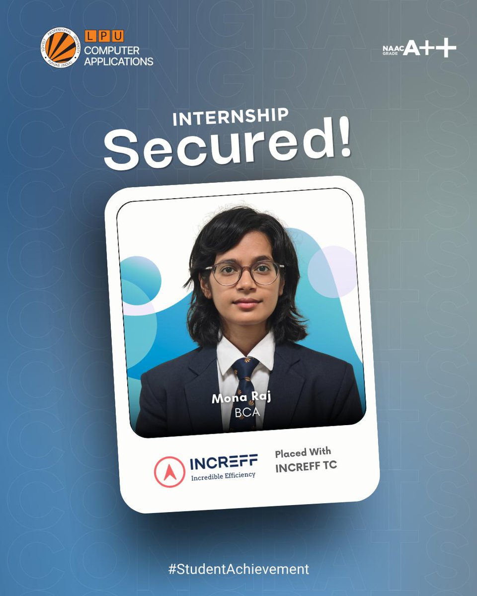 LPUComputerApp's tweet photo. Internship Secured! 
Heartiest congratulations to Mona Raj, BCA, on securing an internship with Increff Technologies! 
Your dedication, skills, and perseverance have opened the door to a valuable industry experience. Wishing you great learning, growth, and success in this exciting journey! 

Keep learning. Keep achieving. Keep shining! 

#LPU #LPUComputerApplications #SCA #StudentAchievement #InternshipSecured #BCA #Increff #CareerSuccess #IndustryExposure #StudentSuccess #FutureReady #ProudMoment