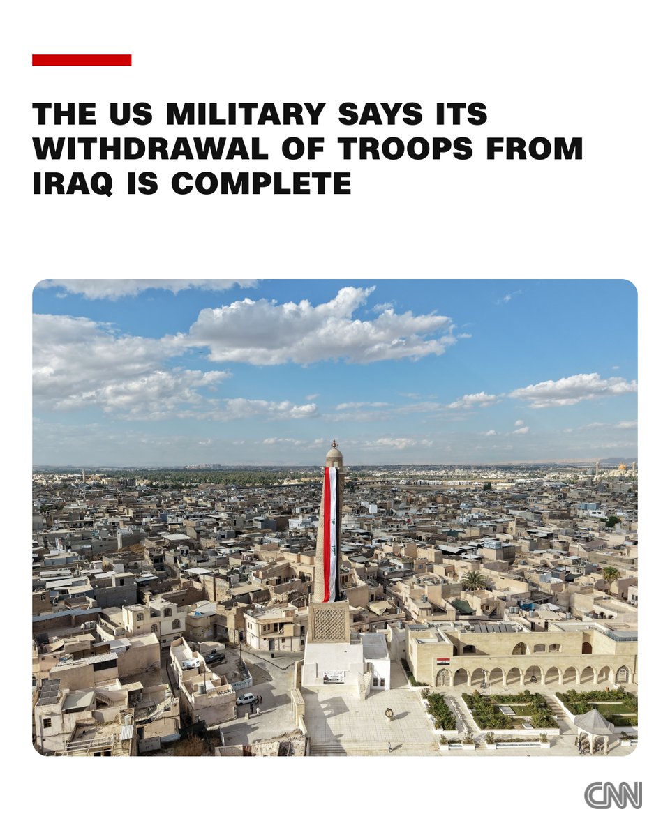 cnni's tweet photo. The US military announced that it has completed the withdrawal of its troops from Iraq, ending a 12-year mission to fight the Islamic State group. https://t.co/EeA4wstcxm https://t.co/YZI2sWO93T