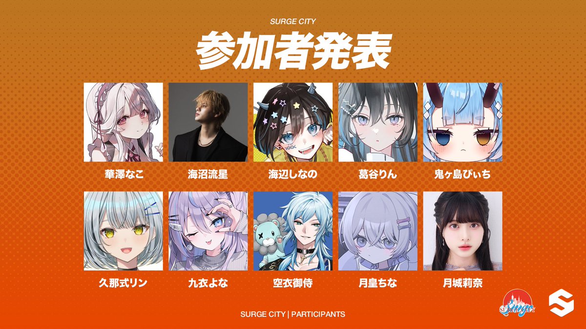 TeamSURGE_JP's tweet photo. 華澤なこ @hanazawanako 
海沼流星 @kainuma_ryusei 
海辺しなの @UmibeCnano 
葛谷りん @928rn 
鬼ヶ島ぴぃち @piiiti_v 
久那式リン @Kunashiki_Lin_ 
九衣よな @9l_47 
空衣御侍 @solionzi 
月皇ちな @Qooix 
月城莉奈 @TsukishiroRina https://t.co/jTt3owrcLX
