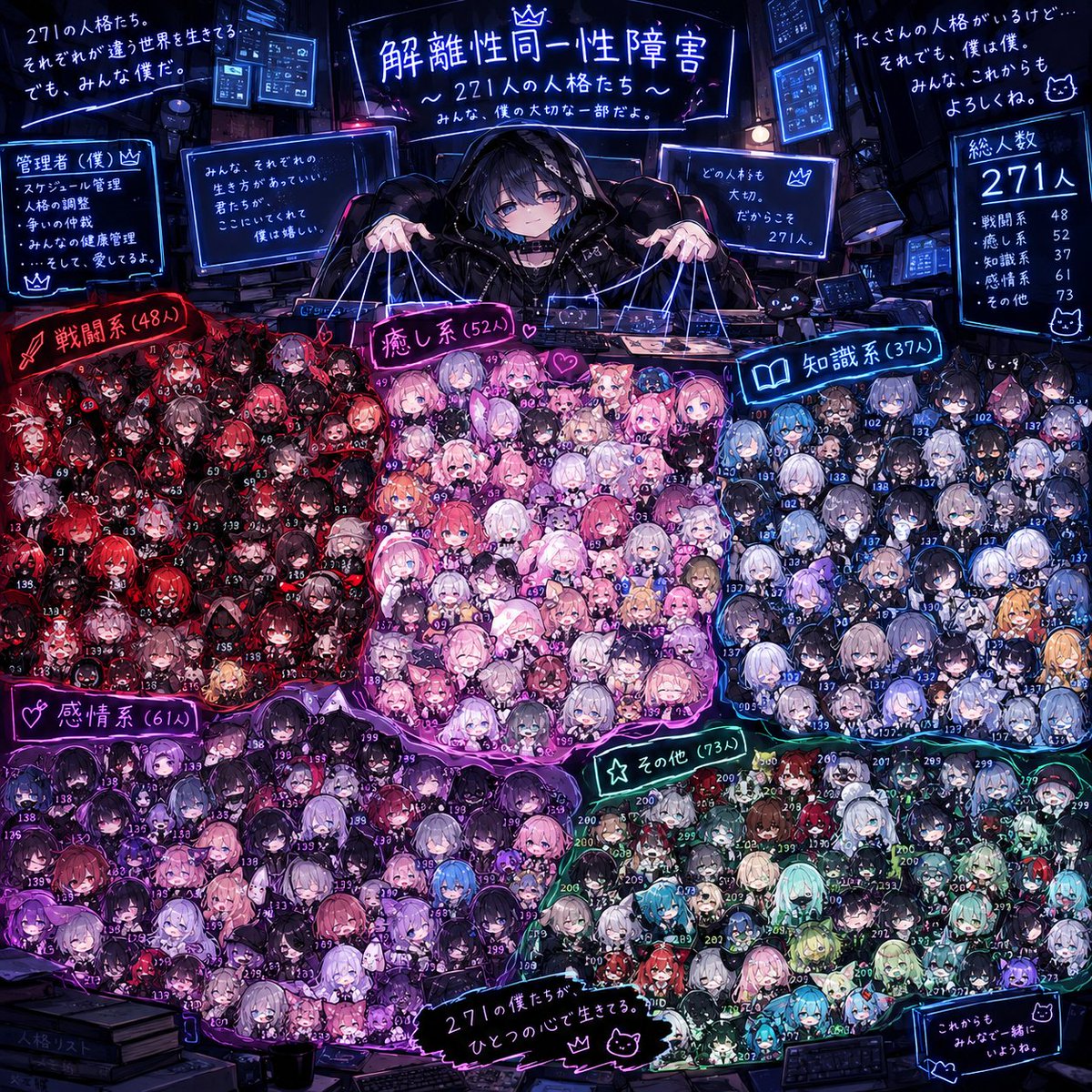 jadjpwd's tweet photo. 今更だけど自分の人格は今のところ
271名

チャッピーで分かりやすく言うと
こんな感じ⬇
自分一人の中に色んな人格がいるよーって感じです https://t.co/l4L3fs4CeP