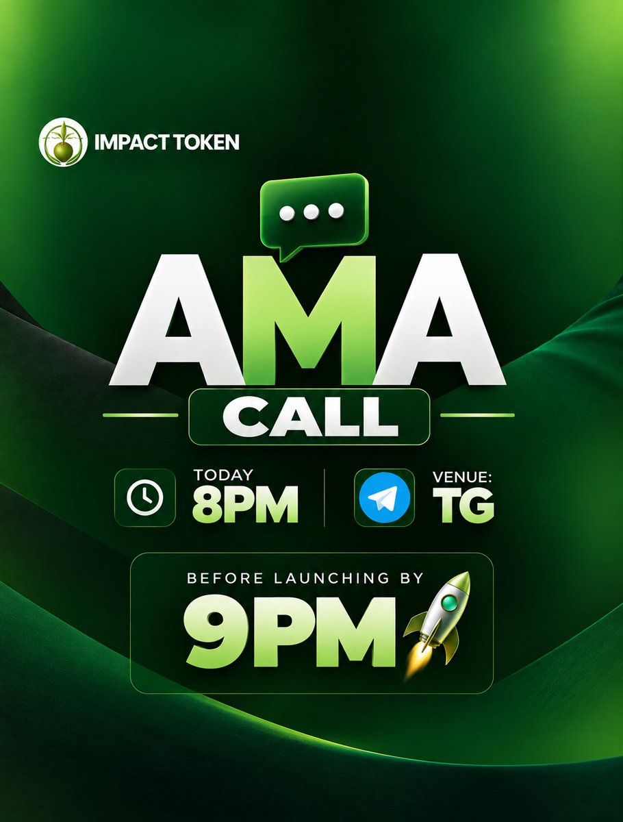 IMPACTTOKEN0's tweet photo. Join us on Telegram for a quick AMA before we go live. 
Get the latest updates, ask your questions, and be part of the conversation.

AMA: 8PM | Launch: 9PM

Join TG: https://t.co/RcJrxEpjGi⁠� https://t.co/IpNLCFmB08