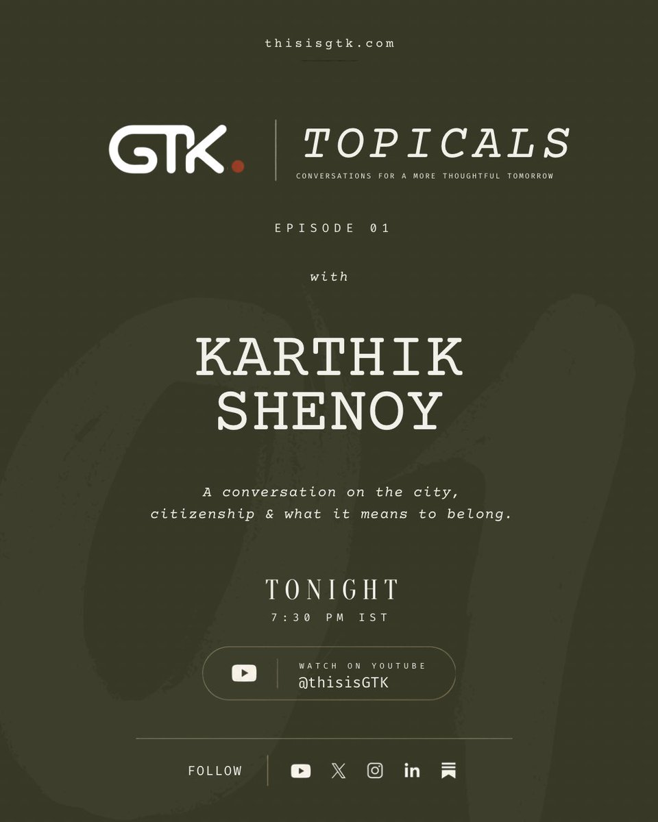 ThisisGTK's tweet photo. When does an individual’s behaviour become a question about an entire city?

A recent controversy involving a Bengaluru CEO’s decision to exclude male candidates from four states has opened up a much larger conversation about workplace safety, regional identity, prejudice, and the assumptions we make about people based on where they come from. 

But perhaps the more interesting question is what happens when safety, identity and belonging begin to collide.

Can we protect our people without reducing people to the places they come from?

Can a city have a strong identity without becoming closed to difference?

And ultimately, how much should where we come from determine how we are seen?

These are not questions with easy answers.
They are questions worth having a conversation about.

GTK Topicals · Episode 01
With Karthik Shenoy
Tonight · 7:30 PM IST
On YouTube · @thisisGTK

Because Better starts with us. 

https://t.co/zaFaRSFGpg

#bengaluru #news #karthikshenoy #hiring