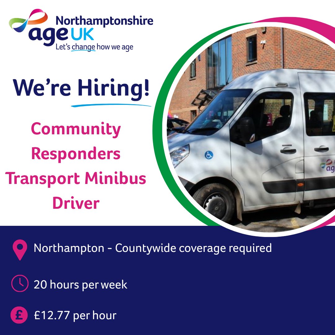 AgeUKNorthants's tweet photo. 💙 #WereHiring! Join our Community Responders Team as a #MinibusDriver and help older people and vulnerable adults across #Northamptonshire stay independent and connected to their community. 💷 £12.77 per hour 👉 Apply now: https://t.co/ZmHNdSOsSY
#NorthamptonshireJobs https://t.co/t60Jy1rBsf