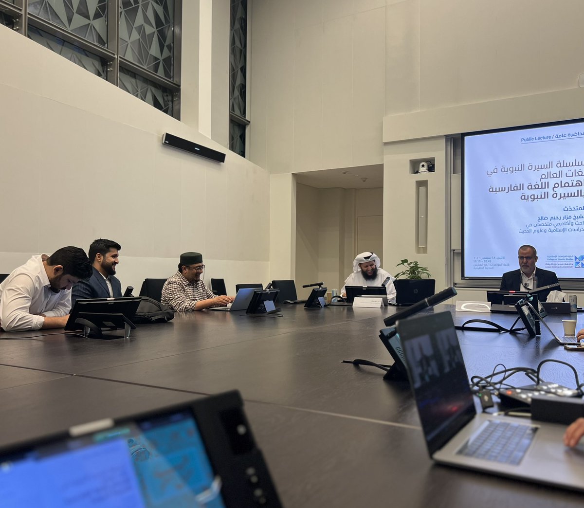 ABasitSalih's tweet photo. It was a proud moment to listen to my father, Sheikh Dr. SALIH, deliver a public lecture at the @HBKU , on “The Persian Language’s Engagement with the Prophetic Biography. 
#HBKU #IslamicStudies #Seerah #PersianLite #CommunityEngagement #Qatar #PropheticBiography #خليجي٢٧ https://t.co/6oxOAOuaY9