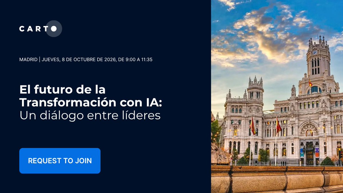 CARTO's tweet photo. AI transformation changes when it reaches everyday work.

On October 8 in Madrid, CARTO CEO Luis Sanz and Cabify CTO Carlos Herrera Yagüe will lead a small roundtable on what companies are learning as they put AI into practice.

Request your spot: https://t.co/wwxItM5Lr0 https://t.co/xEuJAv7i8J