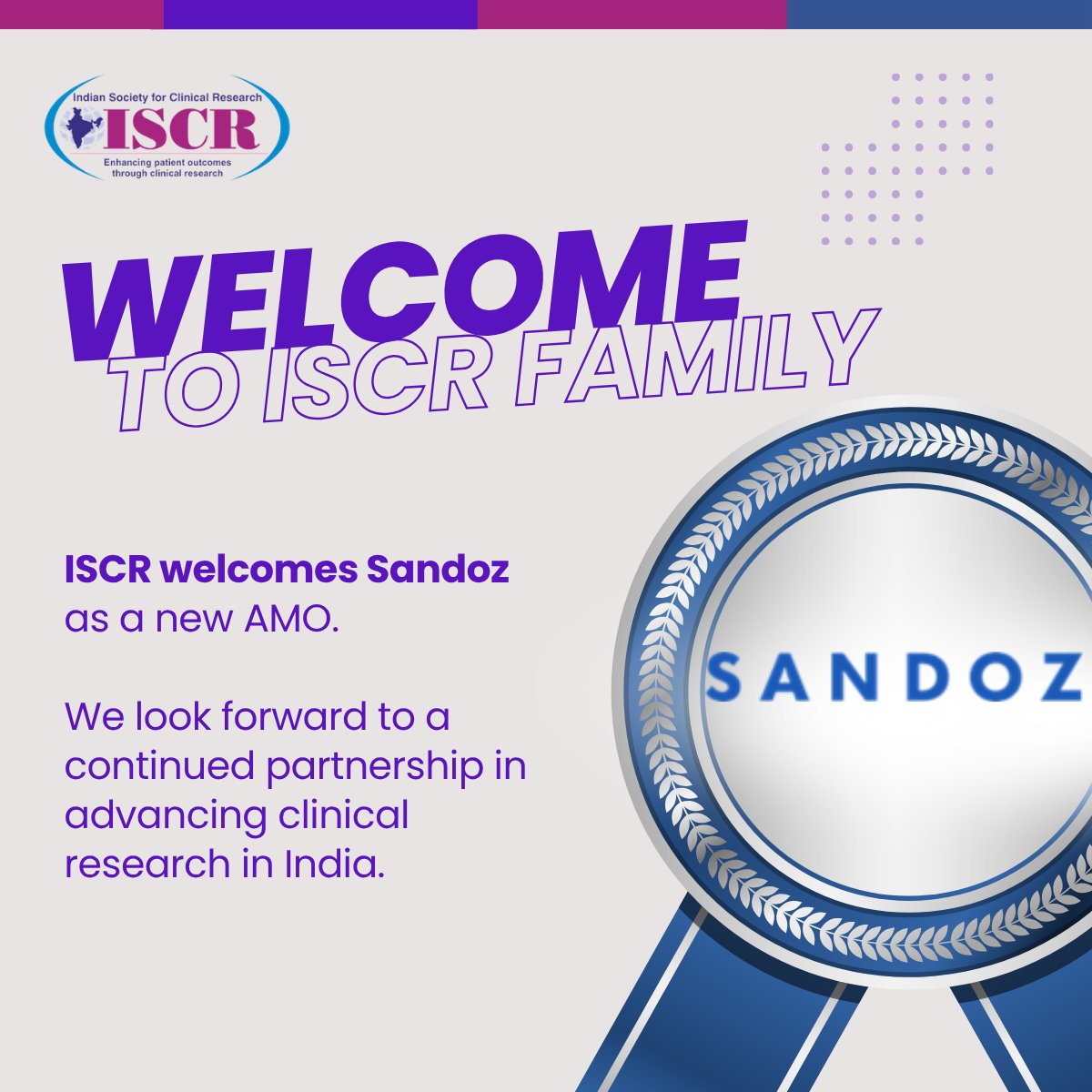 iscrindia's tweet photo. 🎉 Welcoming Sandoz as the newest Accredited Member Organisation (AMO) of ISCR!

Our AMO network unites organizations committed to quality, ethics &amp; innovation in Indian clinical research.

Looking forward to a partnership advancing accessible, impactful healthcare for patients. https://t.co/IwDPkAvwaw
